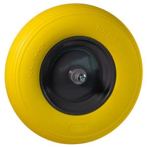 Kruiwagenwiel met gele foamband en metalen velg (aslengte 13 cm)