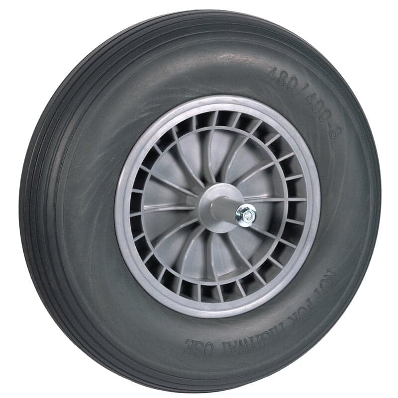 Kruiwagenwiel met grijze foamband en kunststof velg (aslengte 19 cm)